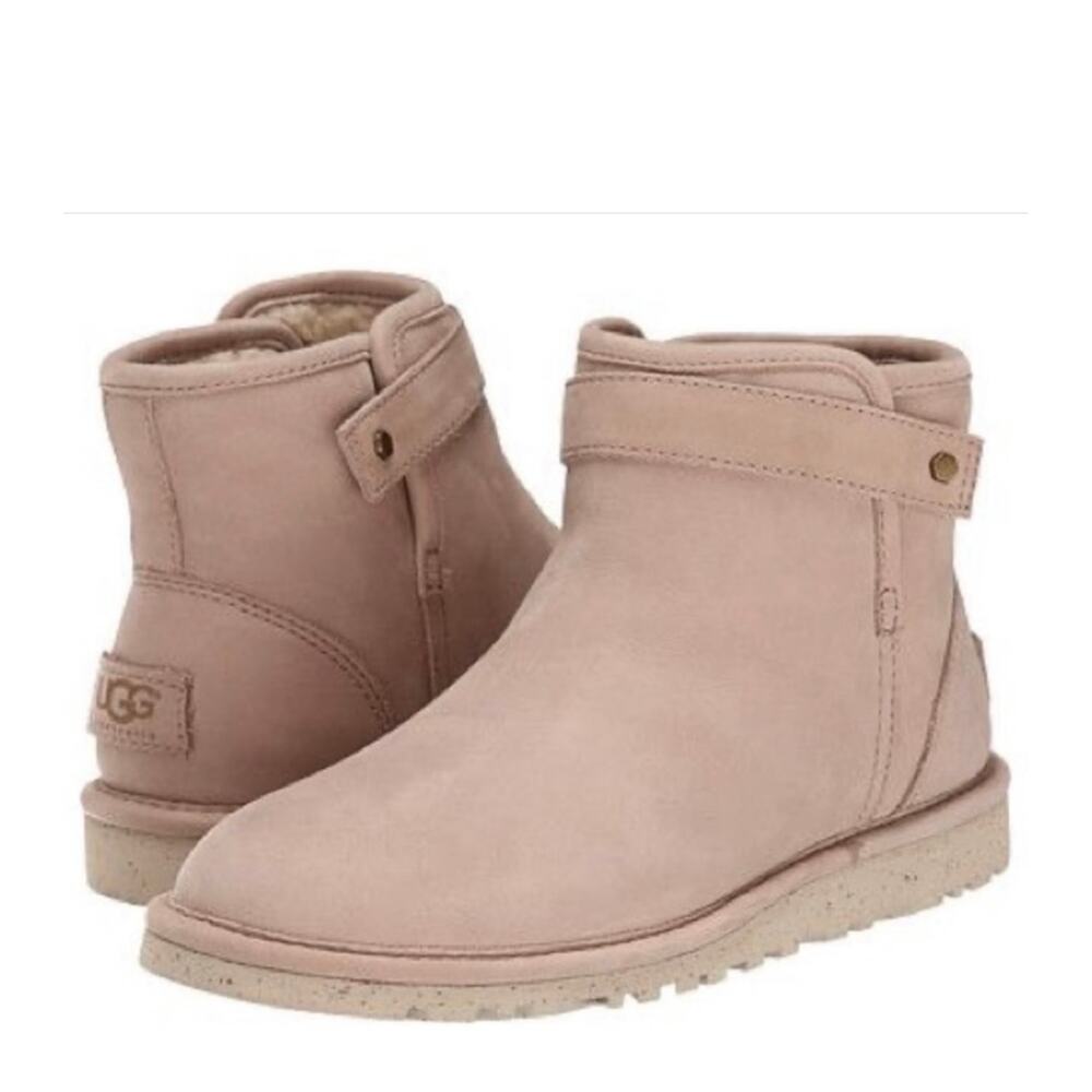 Ugg Sz 6 Boots Rella Beige Suede‎ Shearling Lined Ankle Short Booties Snap Strap
